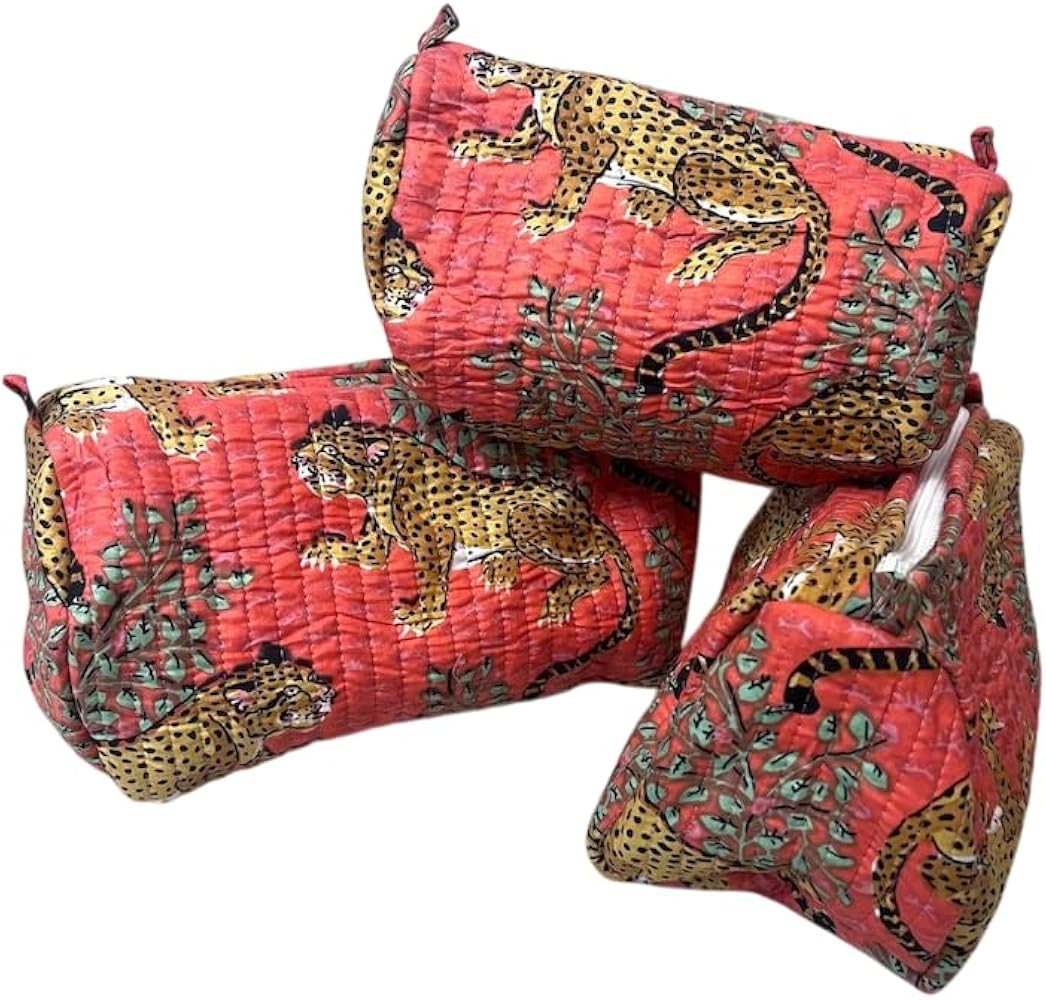YILLE Set of 3 Pieces Block Printed Travel Organizer Kit Storage Bag for Women Makeup Bag Travel ... | Amazon (US)