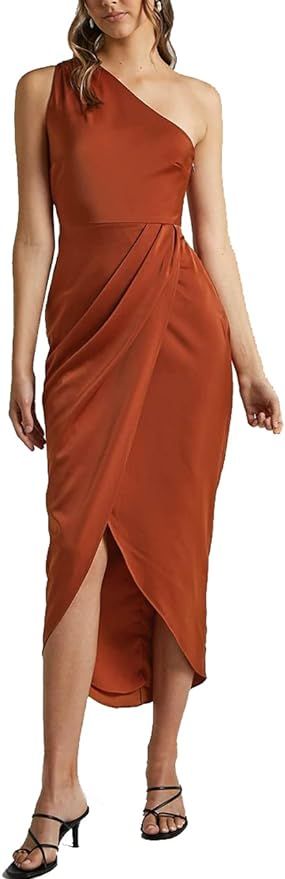 Swahugh Women's Sexy Satin Ruched Bodycon Dress One Shoulder Party Cocktail Midi Dress Split | Amazon (US)