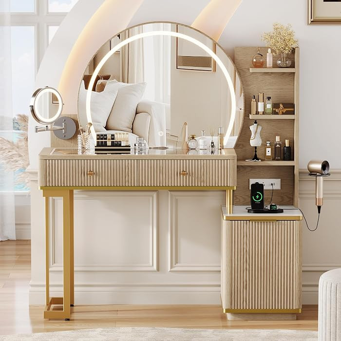 iPormis Makeup Vanity Desk with Round Mirror and Lights, Glass Top Vanity Table w/5x Magnifying M... | Amazon (US)
