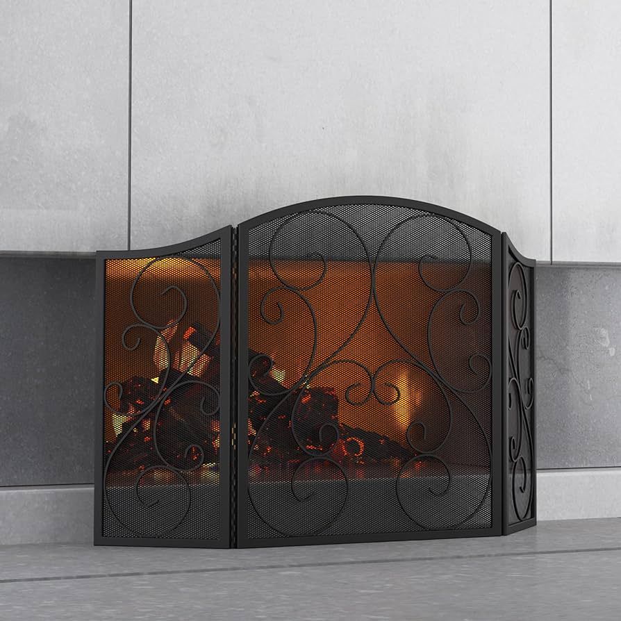 Fire Beauty Fireplace Screen 3 Panel Wrought Iron Black Metal 48"(L) x30(H) Spark Guard Cover(Bla... | Amazon (US)