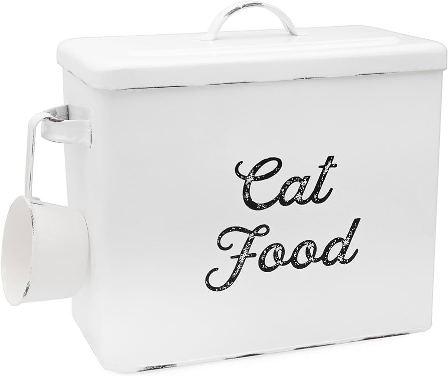 AuldHome Farmhouse Cat Food Container (White); Enamelware Rustic Cat Food Bin with Scoop | Amazon (US)