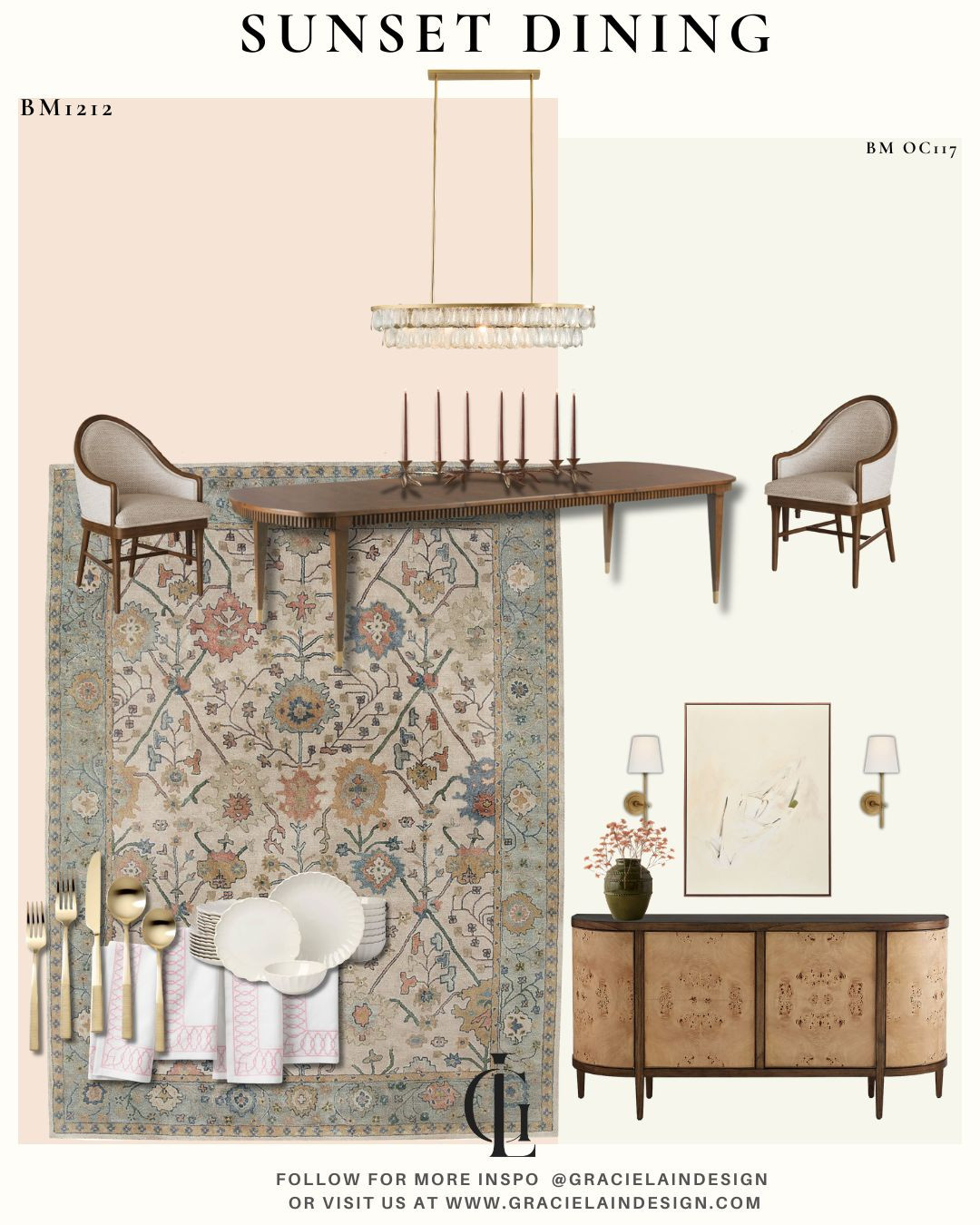 A dining room that feels like golden hour, all day long ✨
Bathed in a soft peachy sunset glow, this space layers warmth and refinement in the most effortless way. A plush wool rug grounds the room, while a beautifully crafted table invites gathering and connection. Brass accents in the lighting add that perfect hint of shine—bridging modern lines with timeless elegance.

The burlwood sideboard brings depth and character, paired with soft abstract art that keeps the mood serene and elevated. Thoughtfully styled place settings, a sculptural candelabra, and a delicate floral arrangement complete the story—proving it’s all in the details.

This is where design meets feeling… where every dinner turns into a moment.

Discover more inspired spaces at gracielaindesign.com 🤍

#LTKhome #diningroomdesign #interiorstyling #moderntraditional #sunsettones #warminteriors #homedecor #diningroominspo #luxuryinteriors #neutralhome #interiorinspiration #collectedhome #designinspo #gracielaindesign 

 #LTKHome #LTKSaleAlert