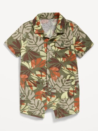 Printed Short-Sleeve Linen-Blend Utility Romper for Baby | Old Navy (US)
