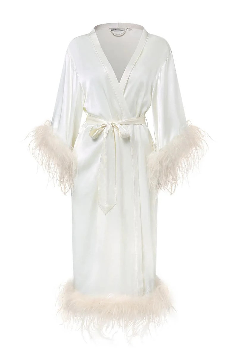 IVORY BRIDE-TO-BE SILK LONG ROBE WITH REMOVABLE FEATHERS | Not Just Pajama | CULT MIA | CULT MIA UK LTD