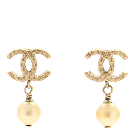 Pearl Quilted CC Drop Earrings Gold | FASHIONPHILE (US)