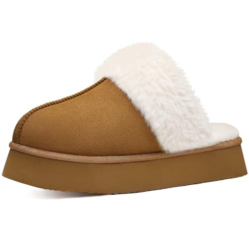 Litfun Womens Fuzzy Platform Slippers Fluffy Memory Foam Winter House Shoes for Indoor and Outdoor, Brown 7-7.5 | Amazon (US)
