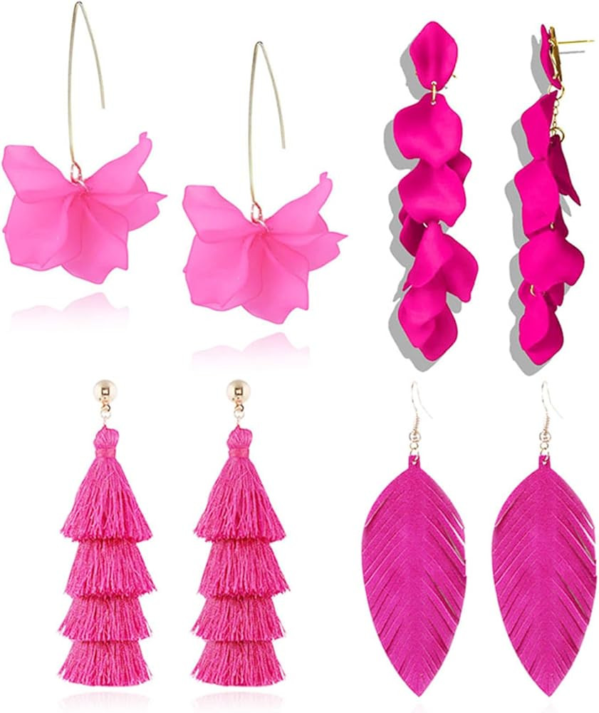 Statement Drop Raffia Earrings - Rhinestone Rectangle Geometric Handmade Boho Rose Petal Flower L... | Amazon (US)