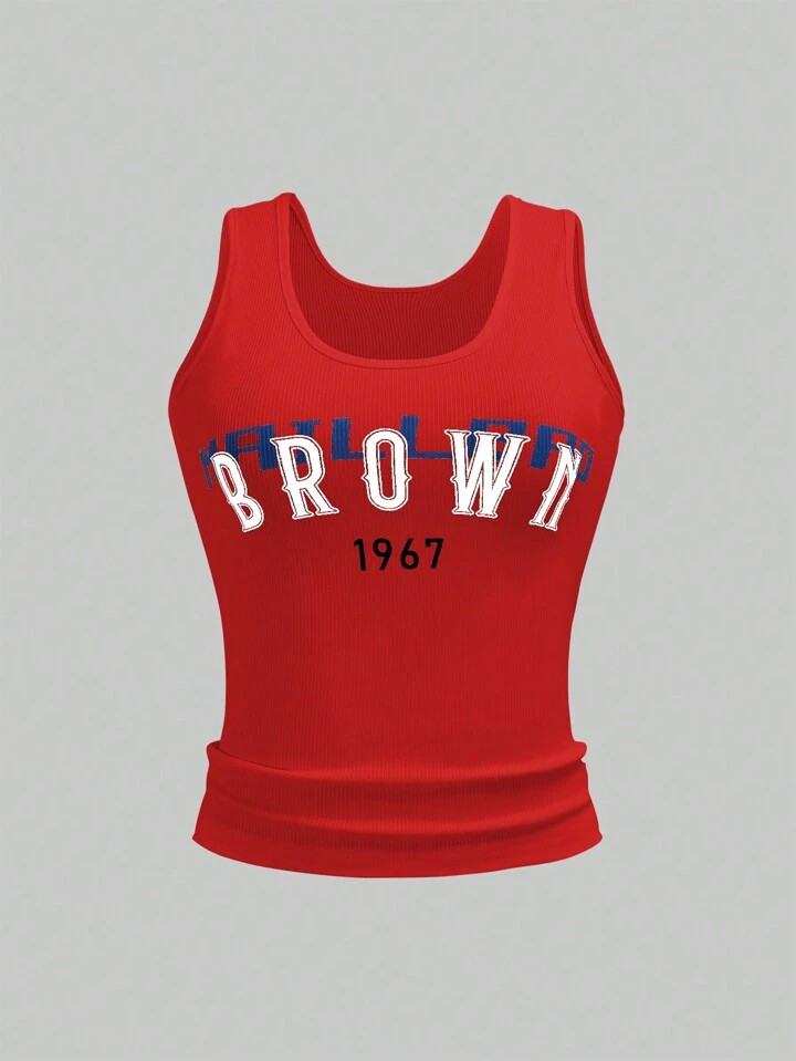 SHEIN MOOSTA Women's Summer Letter Printed Slim Fit Round Neck Tank Top BROWN 1967 For New Year C... | SHEIN