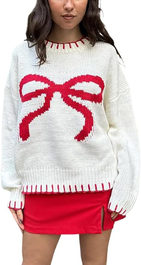 Sumleno Women's Y2K Bow Knit Sweater Cute Aesthetic Clothes Crewneck Long Sleeve Knitted Pullover... | Amazon (US)