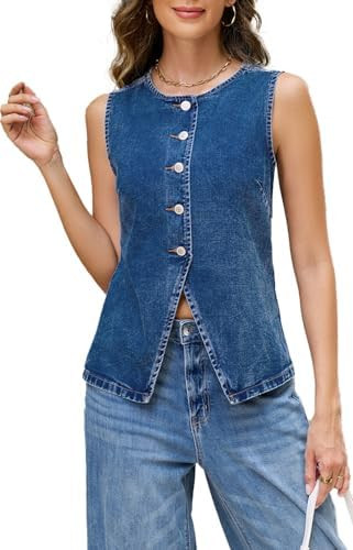 Women Denim Vest Button Down Denim Long Vest Top Sleeveless Jean Waistcoat | Amazon (US)