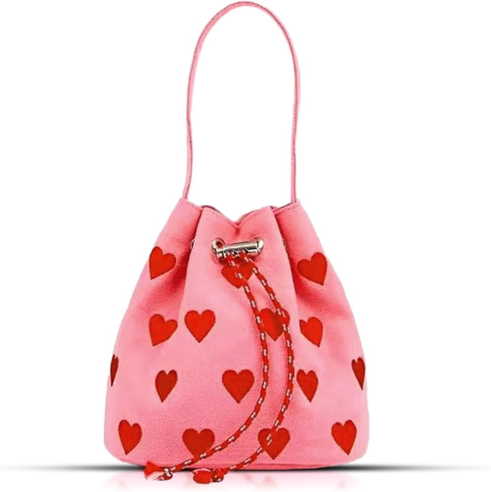 Canvas Tote Bag, Crossbody Bags for Women, Pink Heart Embroidery Drawstring Bucket Bag, Cute Hand... | Amazon (US)