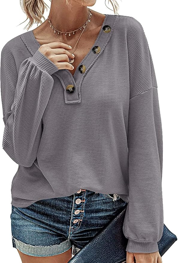 UMEKO Women Waffle Knit Shirts V-Neck Long Sleeve Casual Slouchy Loose Blouses Plain Faux Button ... | Amazon (US)