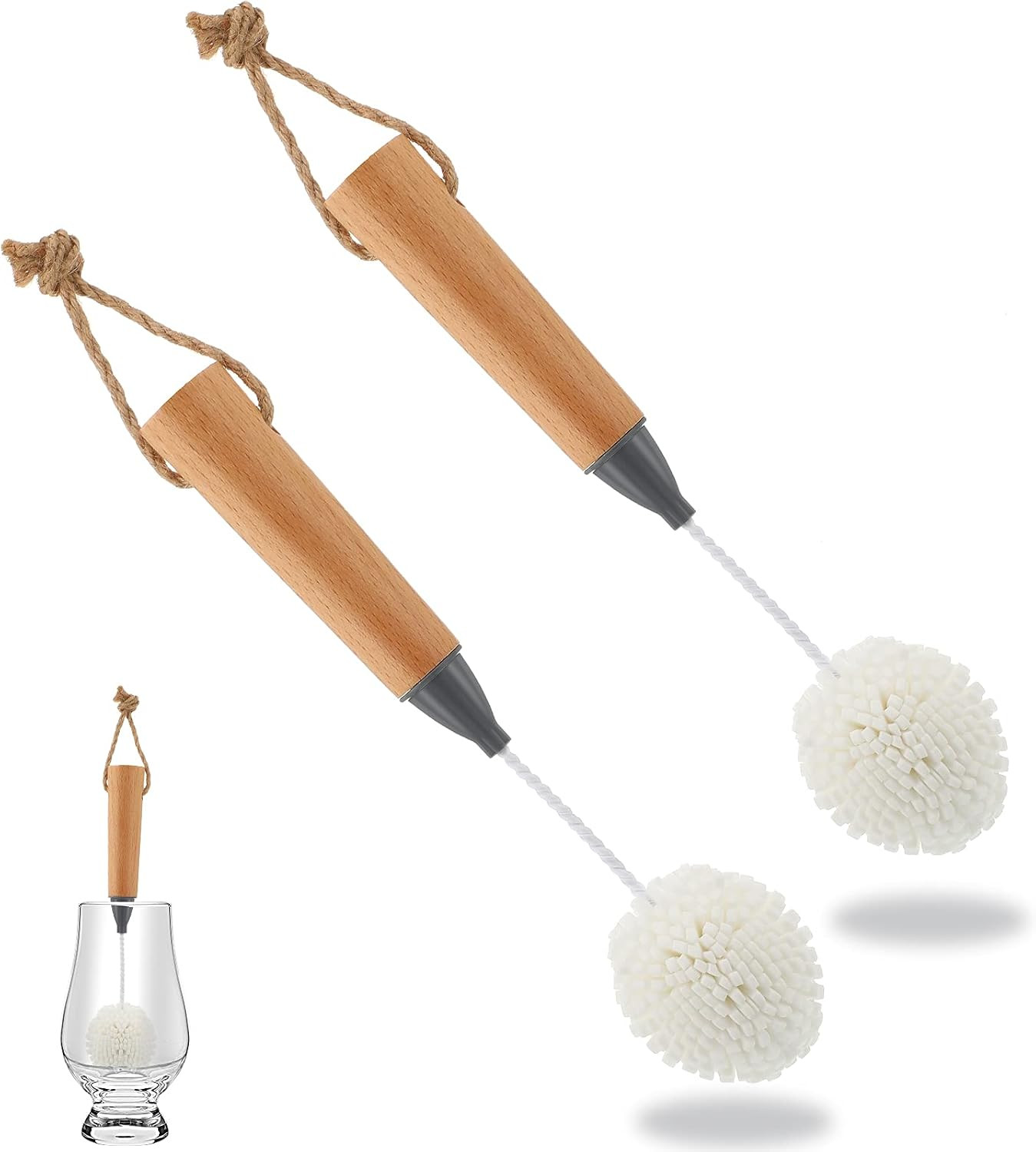 2 Pcs Wine Glass Cleaning Brush Flute and Stemware Brush Non Scratch Foam Bristle Scrubber with Wooden Handles Glass Scrubber for Champagne Flutes Glassware Drinking Cleaner Tool | Amazon (US)