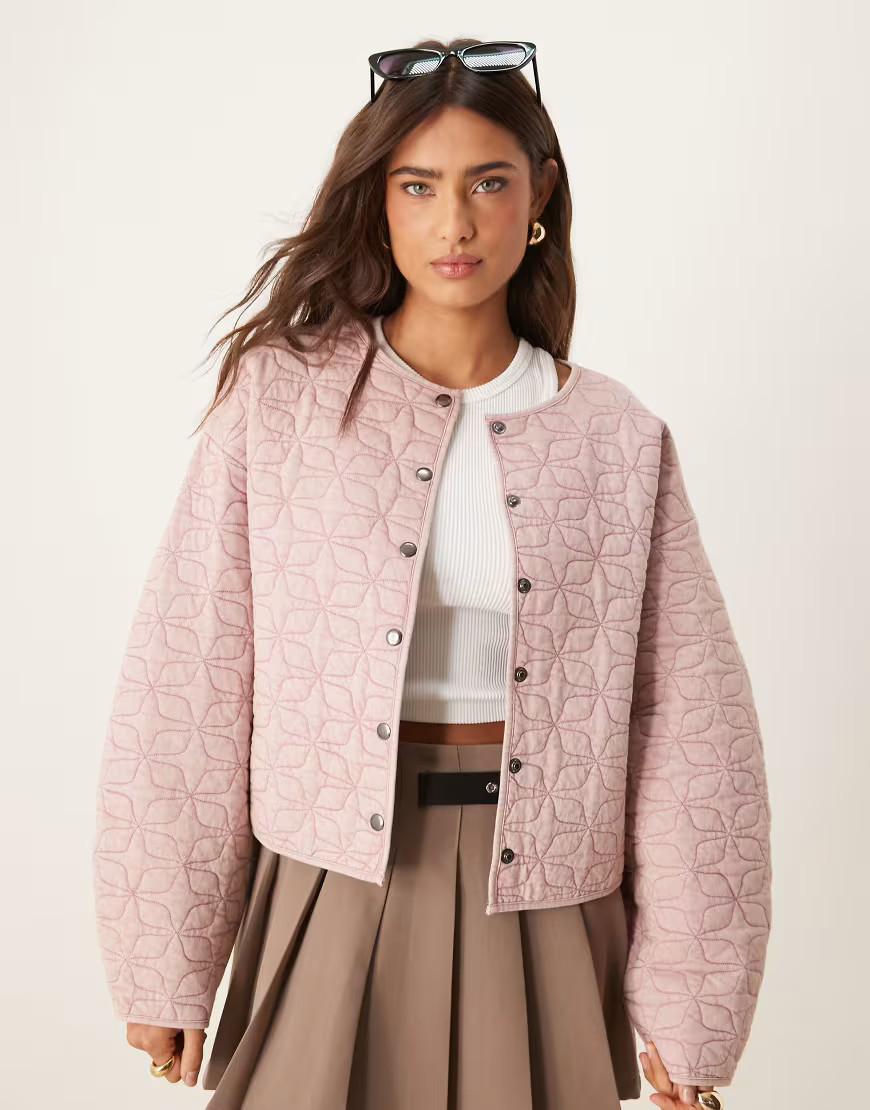ASOS DESIGN oversized quilted jacket with cocoon sleeves in washed pink-Multi | ASOS (Global)