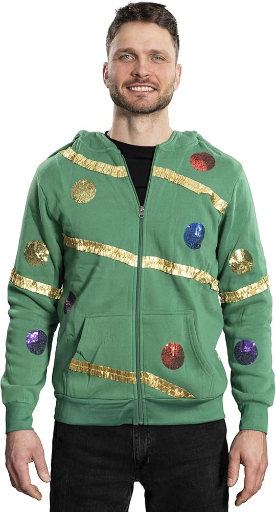 Mad Engine Extreme Christmas Tree Hoodie with Balls and Stars Green Zip-Up Costume Sweatshirt for... | Amazon (US)