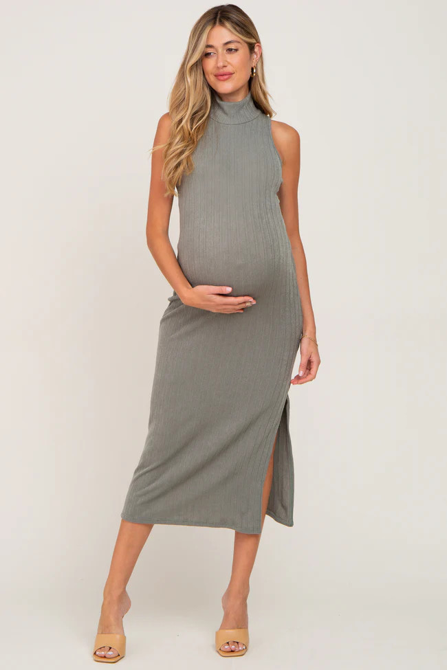 Olive Knit Mock Neck Maternity Midi Dress | PinkBlush Maternity