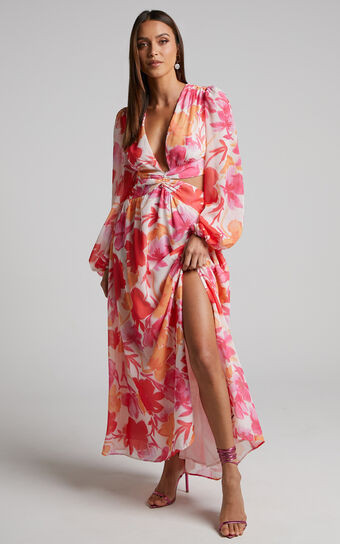 Emilee Midi Dress - Side Cut Out Long Sleeve Plunge Dress in Pink Floral | Showpo (US, UK & Europe)