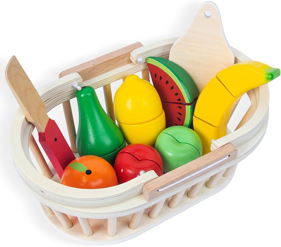 Wooden Cutting Fruits Vegetables Set for Kids, Pretend Play Food Toy Set with Wooden Knife, Tray ... | Amazon (US)