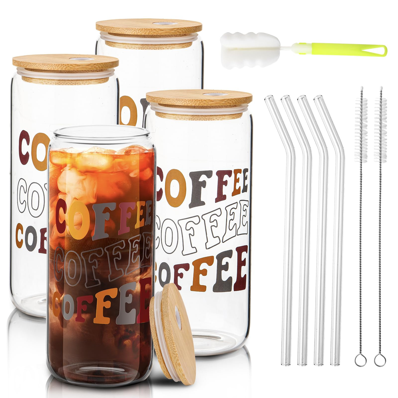 Aikio Drinking Glasses with Bamboo Lids and Glass Straws, 4 Set 590ml/20oz Iced Coffee Cup, Can S... | Amazon (UK)