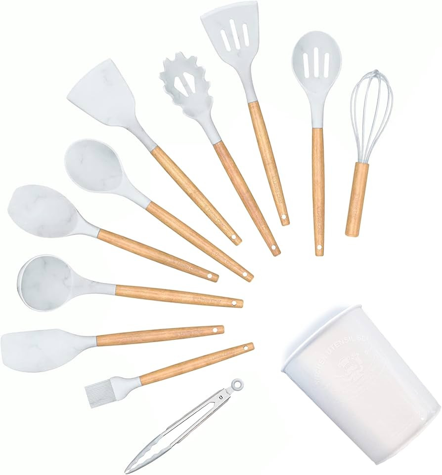 DXD Silicone Wooden Handle Kitchen Utensils 12 pcs, Wooden Handles Gray Kitchenware Tools Set for... | Amazon (US)