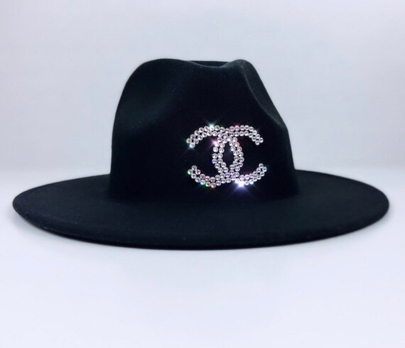Women Stylish Fedora Black Wide Flat Brim Hat Decorated by Premium Rhinestones | Etsy (US)