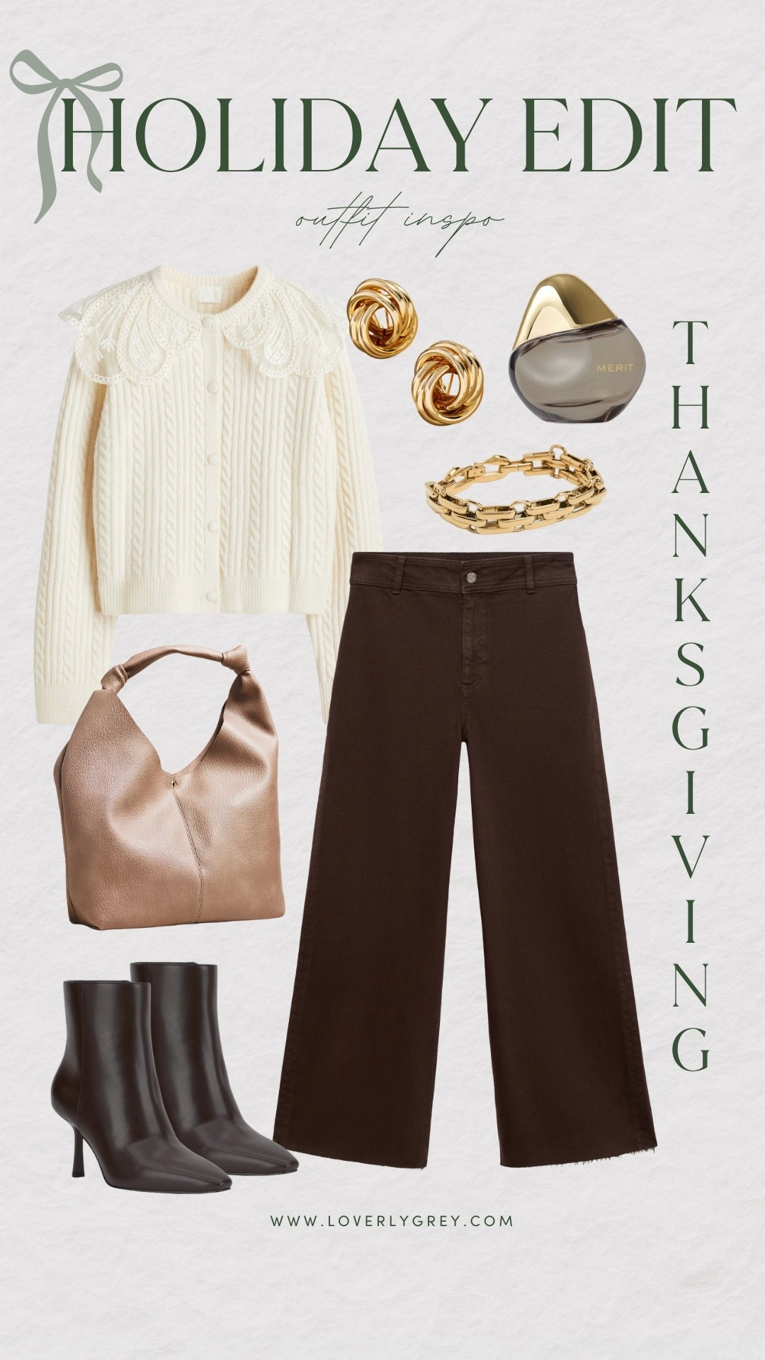 Obsessed with this Thanksgiving outfit look! Love the brown wide leg jeans paired with a cream cardigan! This cardigan is so feminine & pretty - cannot get over that lace collar! You could even wear this with sneakers if you wanted to make it more casual!

Loverly Grey, Mango, H&M, Thanksgiving outfit, brown denim, brown jeans, wide leg jeans, cream cardigan, neutral purse, brown booties, Thanksgiving outfit inspo, holiday looks 

#LTKStyleTip #LTKHoliday