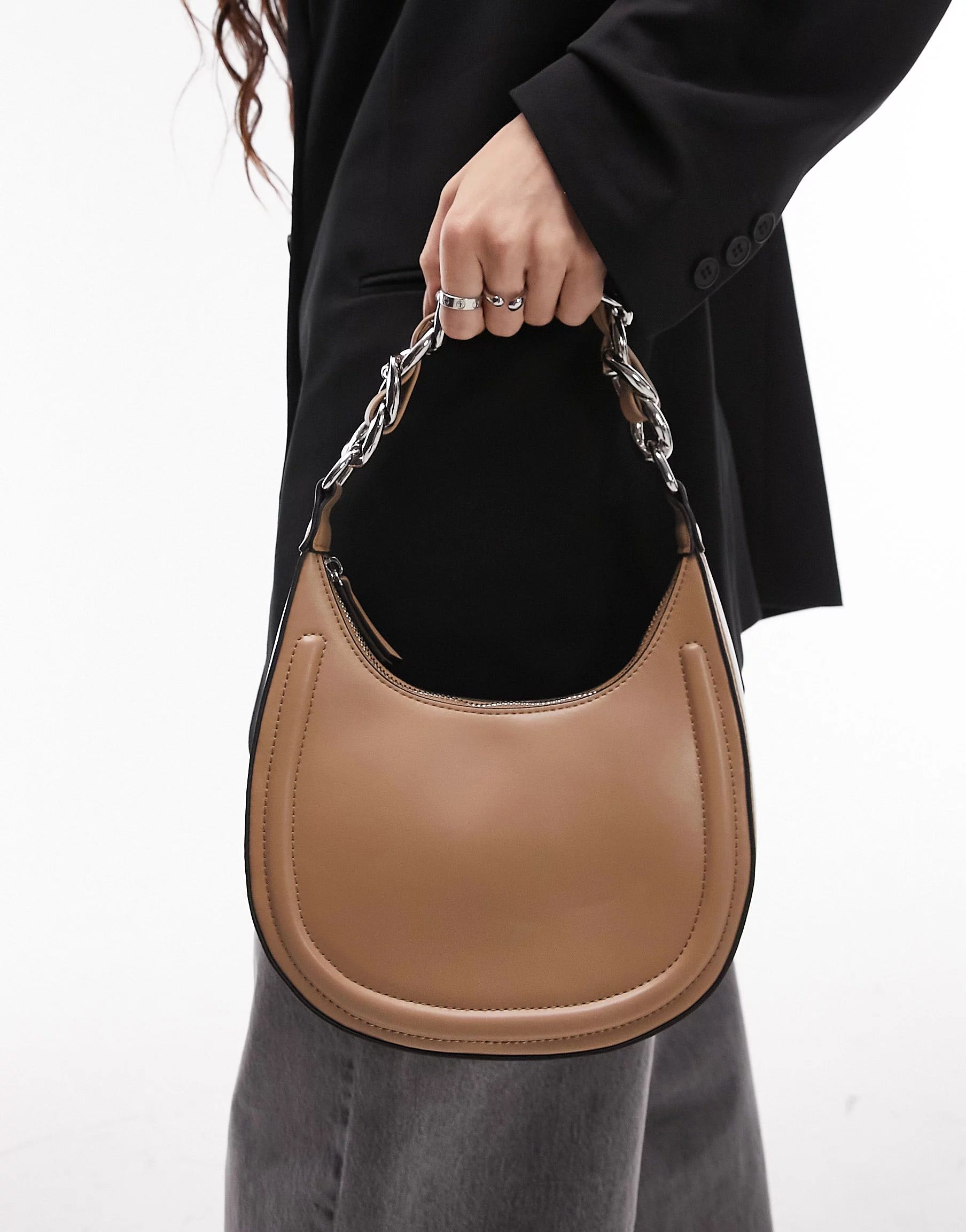 Topshop Selena curved shoulder bag with chain strap in camel | ASOS (Global)