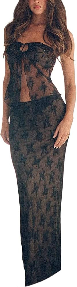 Mioliknya Skirt Sets Women 2 Piece Outfits Sexy Lace Strapless Crop Tube Top Bodycon Long Skirts ... | Amazon (US)