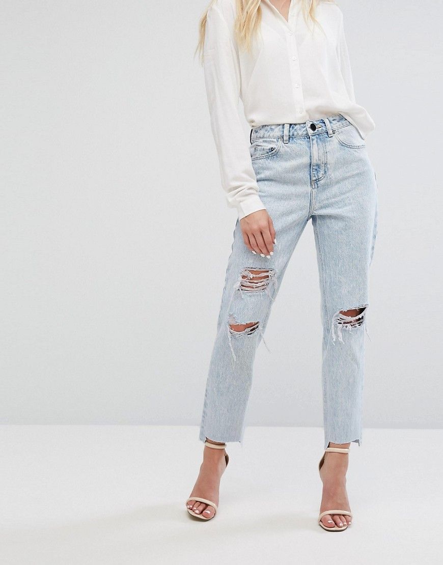 ASOS RECYCLED ORIGINAL MOM Jeans in Radleigh Light Wash with Rips and Busts - Blue | ASOS US