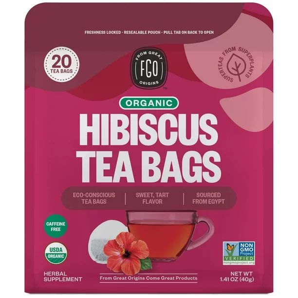 FGO From Great Origins, Hibiscus Herbal Tea, Organic Tea Bags, 20 Count, 1.41 Oz (40g) | Walmart (US)
