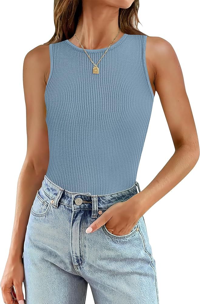 SAMPEEL Womens Fashion Ribbed Shirts Sleeveless Work Tank Tops | Amazon (US)