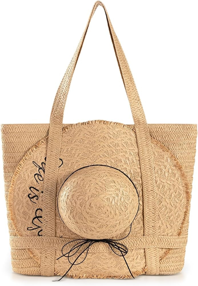 Beach Bag for Women, Straw Hat Combination Straw Bag, Large Capacity Tote Bag, Raffia Bag Suitabl... | Amazon (US)
