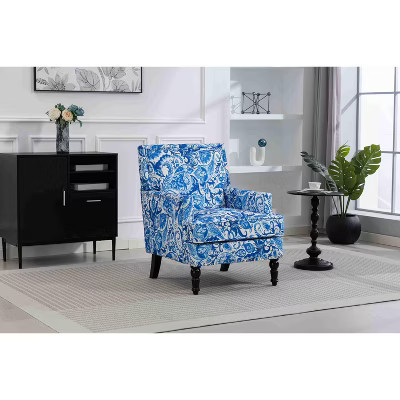 Airsurfer Upholstered Accent Chair with Blue Floral Print, Fabric Armchair with Wooden Legs, Elegant Lounge Chair for Living Room or Bedroom | Target