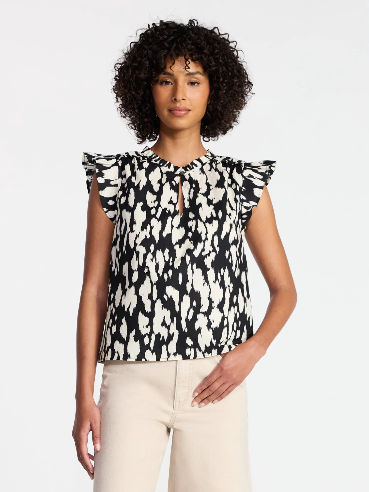 Time and Tru Women's Cotton Split Neck Top with Flutter Sleeves, Sizes XS-XXXL | Walmart (US)