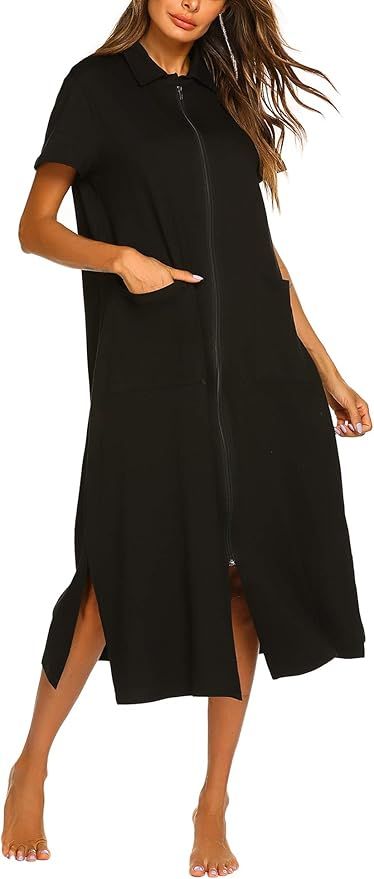 Ekouaer Women Zipper Robe Short Sleeve House Dress Full Length Sleepwear Duster Housecoat with Po... | Amazon (US)