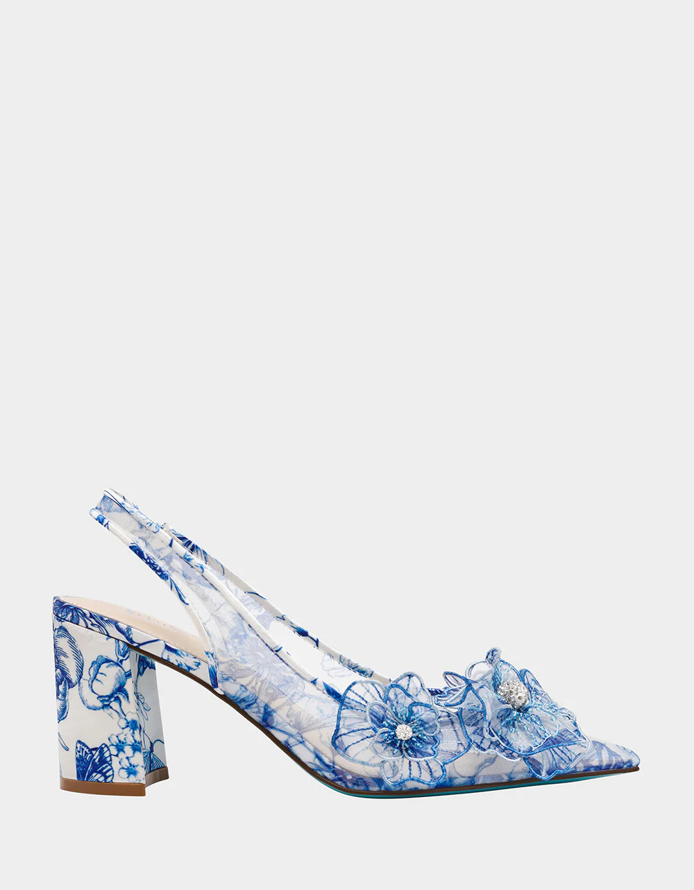 PETRA WHITE/BLUE FLORAL Slingback Floral Mesh Block Heel | Women's Heels | Betsey Johnson