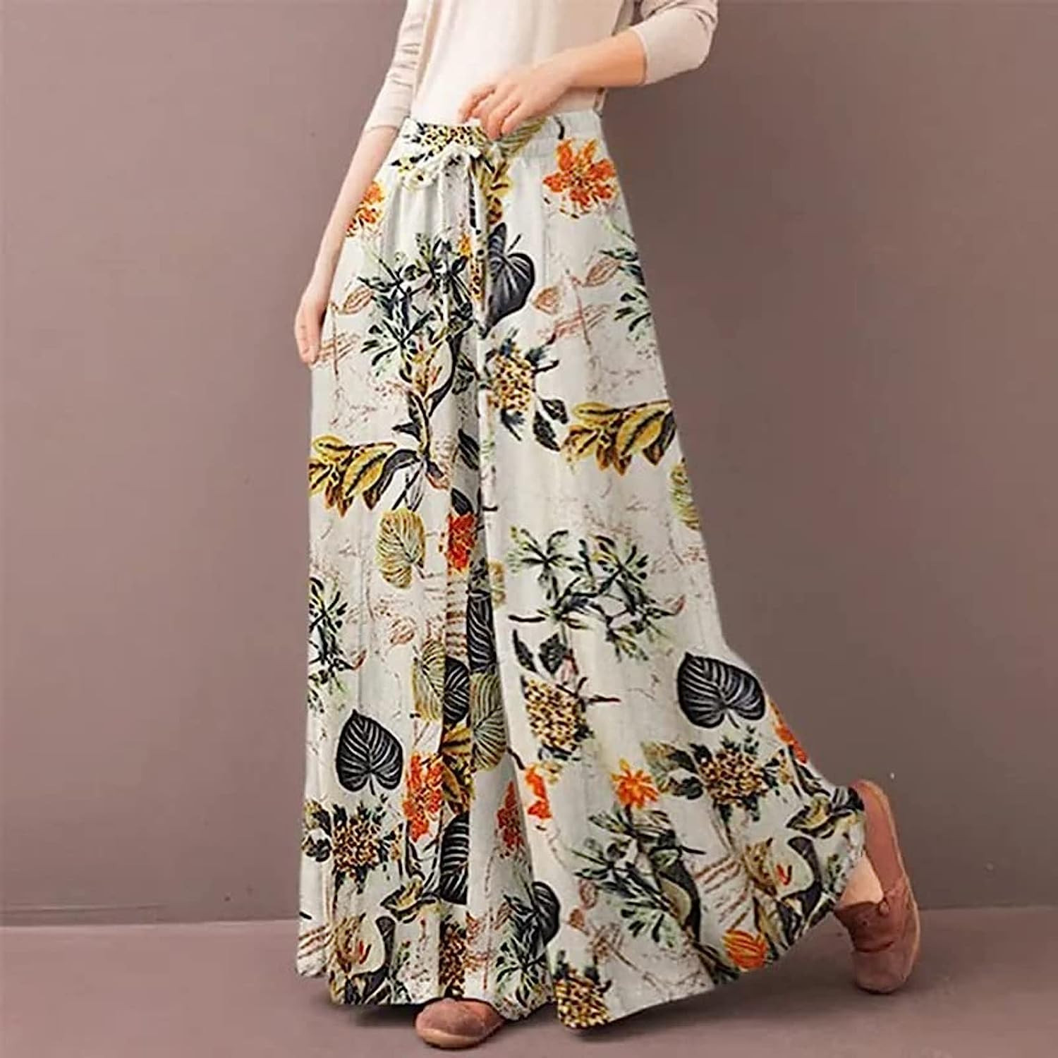 Womens Casual Floral Print High Waist Wide Leg Pants Linen Summer Beach Trousers Breathable Flare... | Amazon (US)