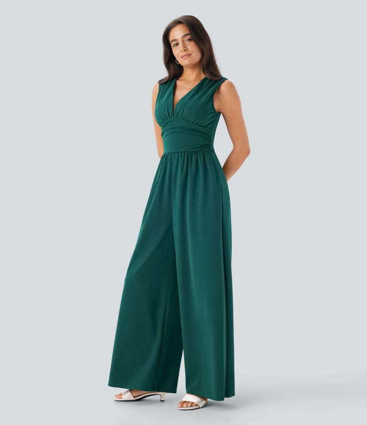 Women’s V Neck Sleeveless Ruched Pocket Jumpsuit-Easy Peezy - Halara | HALARA