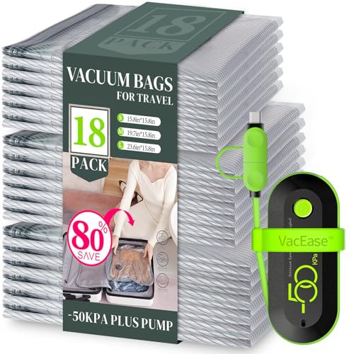 Vacbird 18 Pack Vacuum Bags for Travel with USB Pump, Compression Travel Vacuum Bags for Luggage and Suitcase, Carry-on Size Space Saver Bags for Clothes and Clothing | Amazon (US)