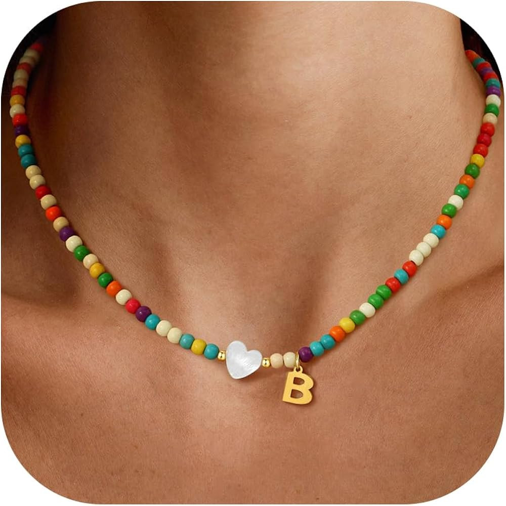 Gold Initial Necklace for Women - Handmade Bohemian Colorful Beaded Initial Stainless Steel 18K P... | Amazon (US)