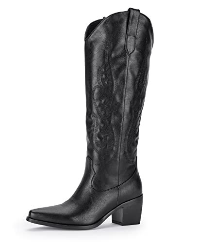 Pasuot Western Cowboy Boots for Women - Black Knee High Wide Calf Cowgirl Boots with Western Embroidered, Slip On Pointed Toe Chunky Heel Fashion Retro Classic Pull On Tall Boot for Ladies Size 9.5 | Amazon (US)