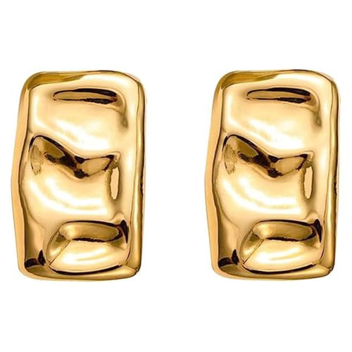 Geometric Rectangle Simple Gold Stud Earrings for Women,Irregular Hammered Chunky Statement Square Earrings (Gold) | Amazon (US)