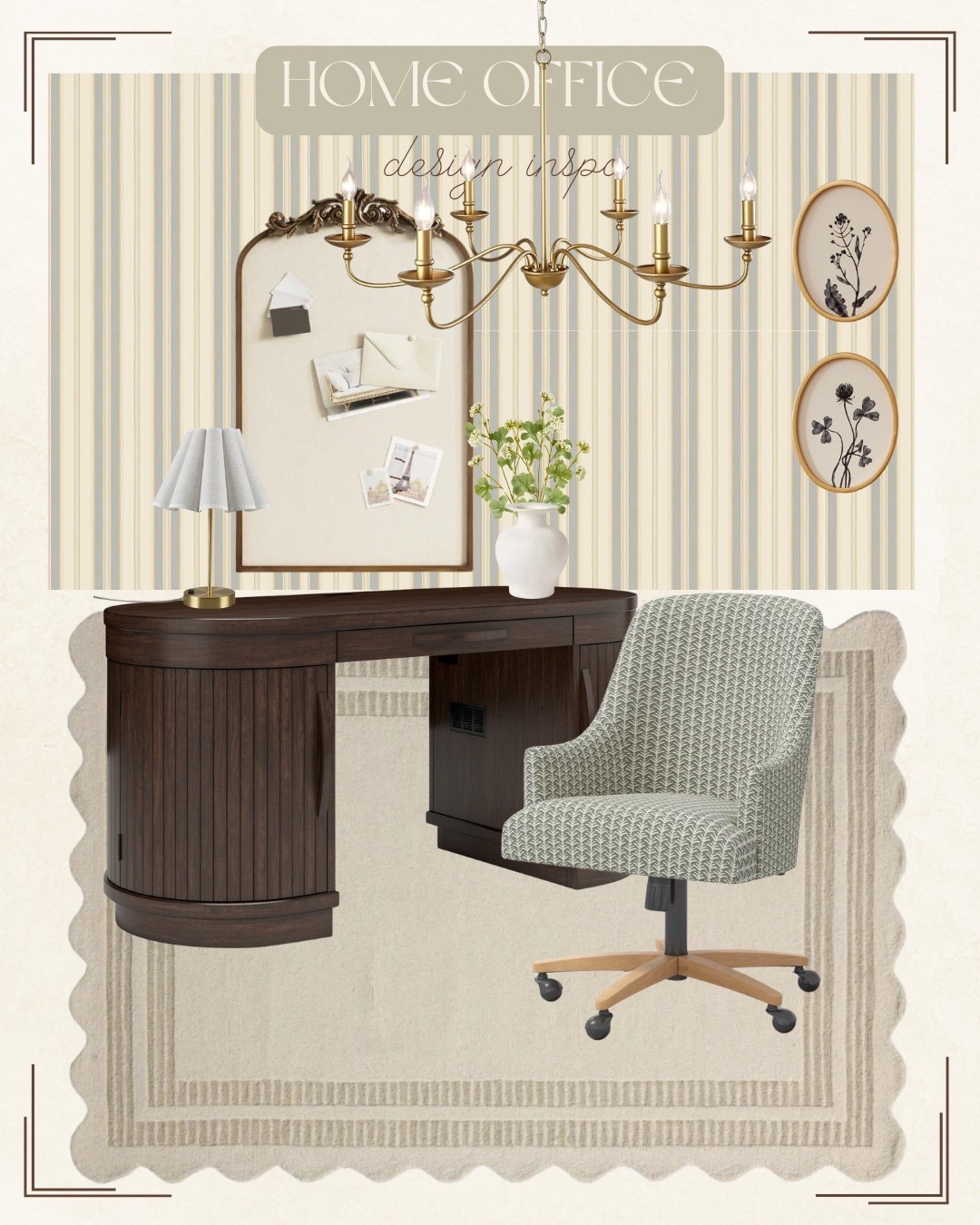 French European inspired home office design // dark wood fluted desk // upholstered office chair // striped wallpaper // neutral home design 

#LTKHome