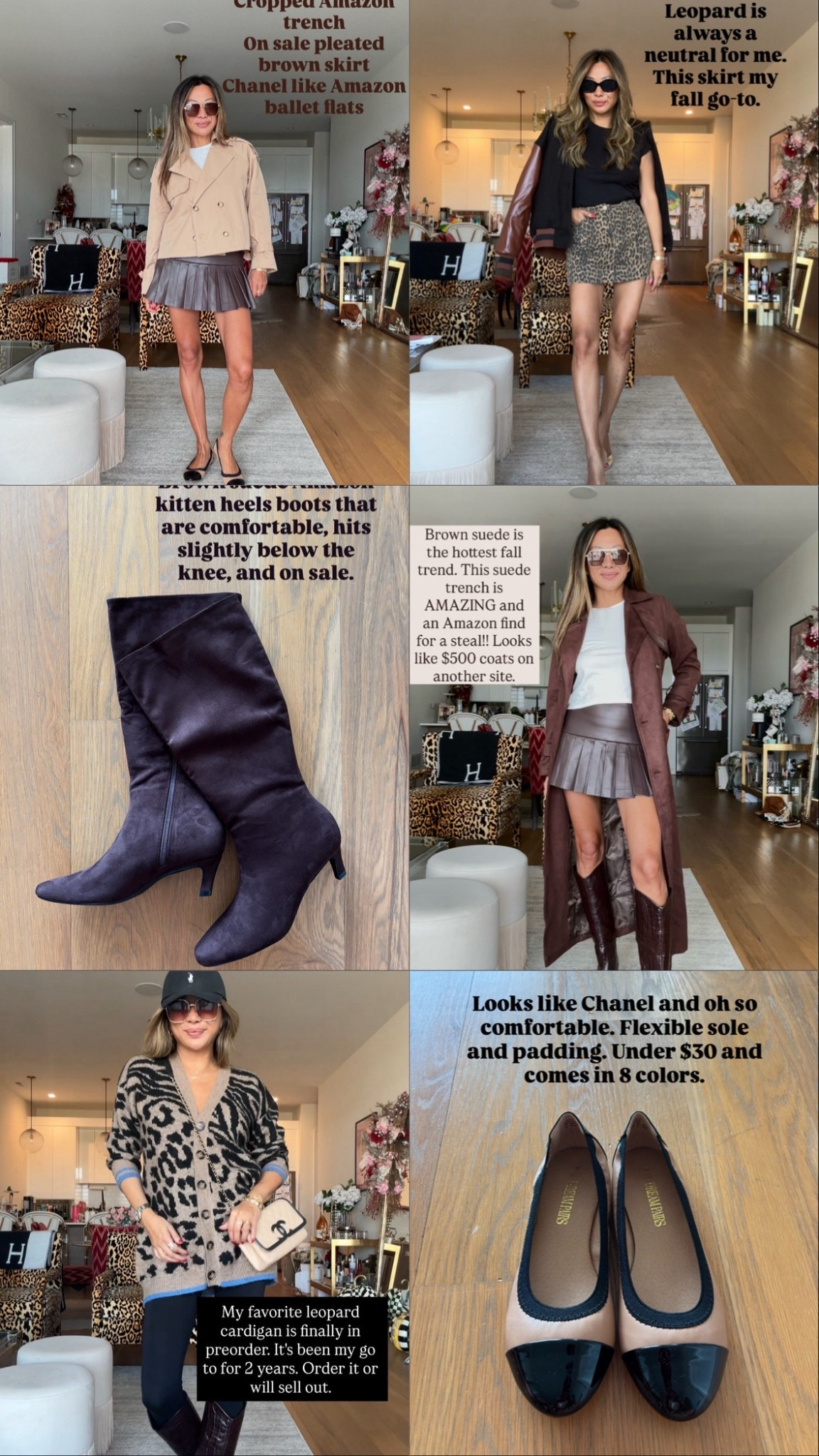 Fall fashion trends 2025. Brown suede boots, trench, pleated skirt, leopard sweater, ballet flats, designer like bags, Amazon, Zara and revolve finds. Size small in all. Fall style 

#LTKFindsUnder100 #LTKStyleTip