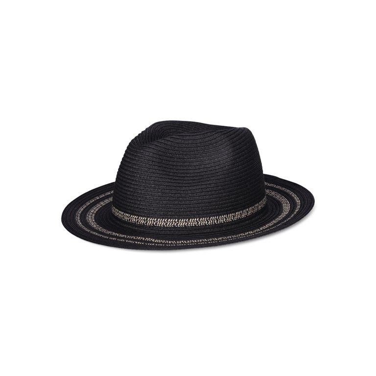 Time and Tru Women's Striped Straw Panama Hat, Black | Walmart (US)