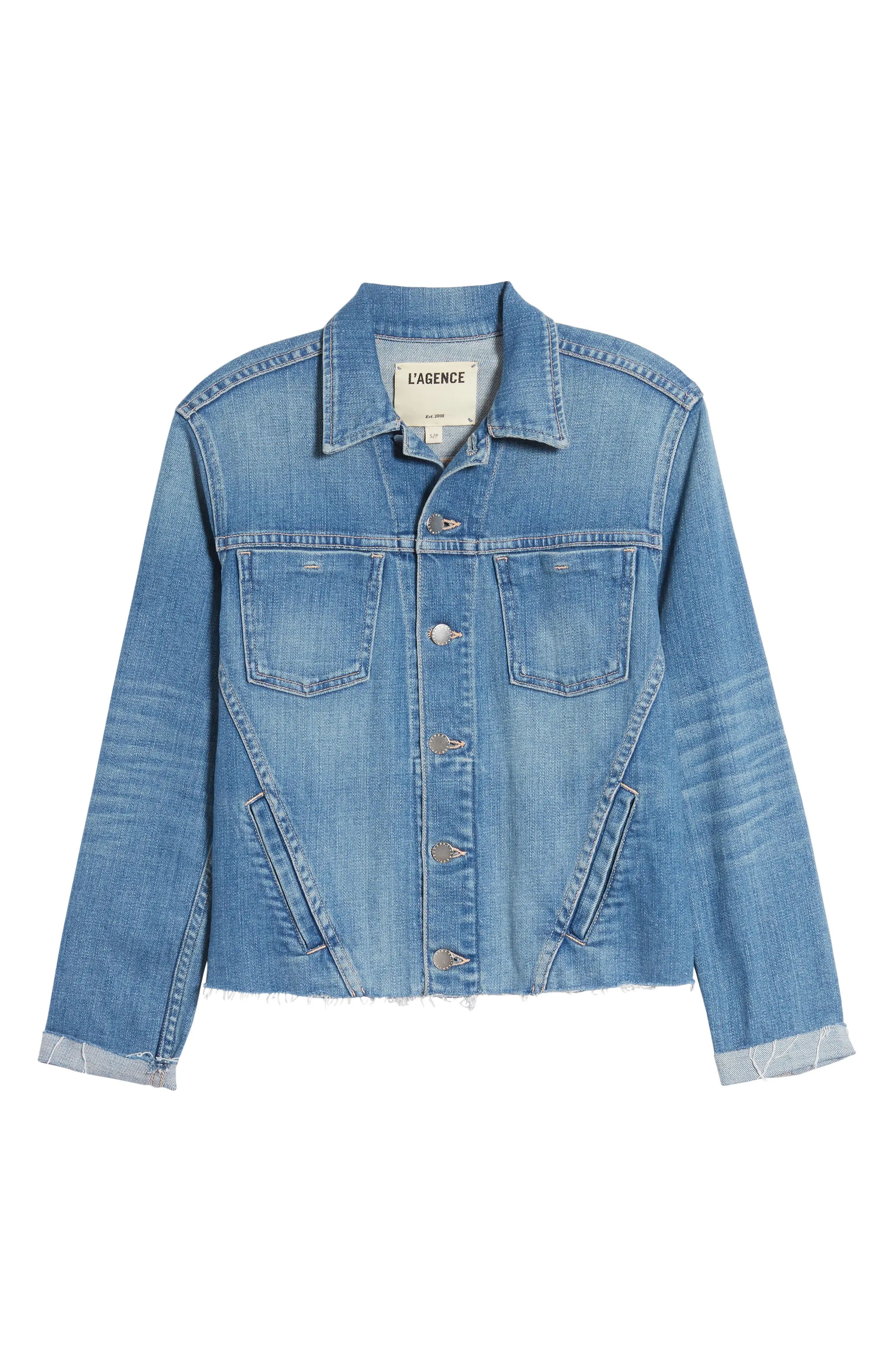L'AGENCE Janelle Raw Cut Slim Denim Jacket in Pomona at Nordstrom, Size X-Small | Nordstrom
