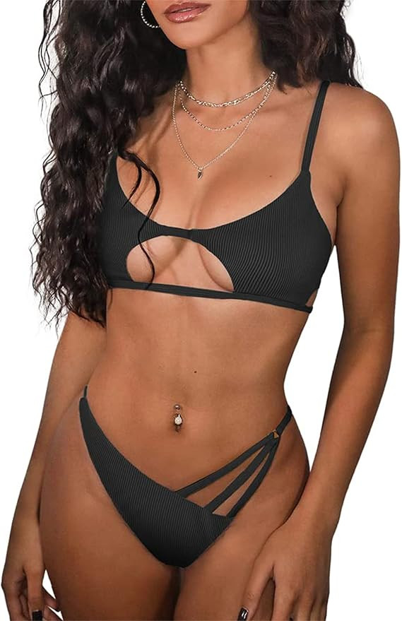 ZAFUL Women's Sexy Cutout Bikini Thong Bikini Set Tie Back Two Piece Swimsuit Bathing Suit | Amazon (US)