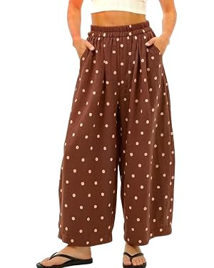 chouyatou Women Summer Boho Cotton Linen Polka Dot Pants Beach Elastic Waist Palazzo Wide Leg Bar... | Amazon (US)