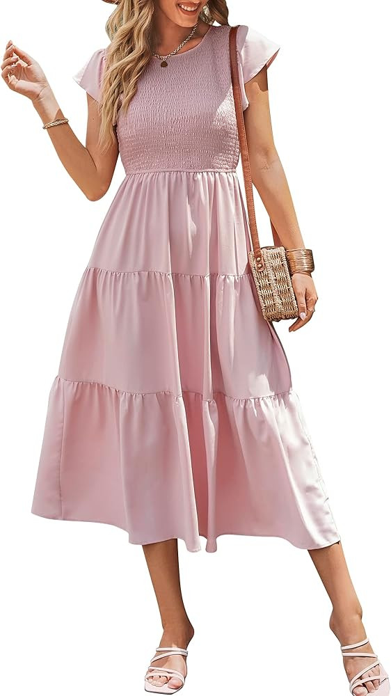 Bequemer Laden Women's Summer Casual Flutter Sleeve Crew Neck Smocked Maxi Dress Tiered Ruffle Fl... | Amazon (US)