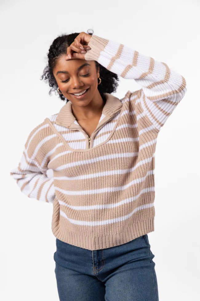 Worth Melting For Beige Striped Color Block Quarter Zip Pullover Sweat | Pink Lily